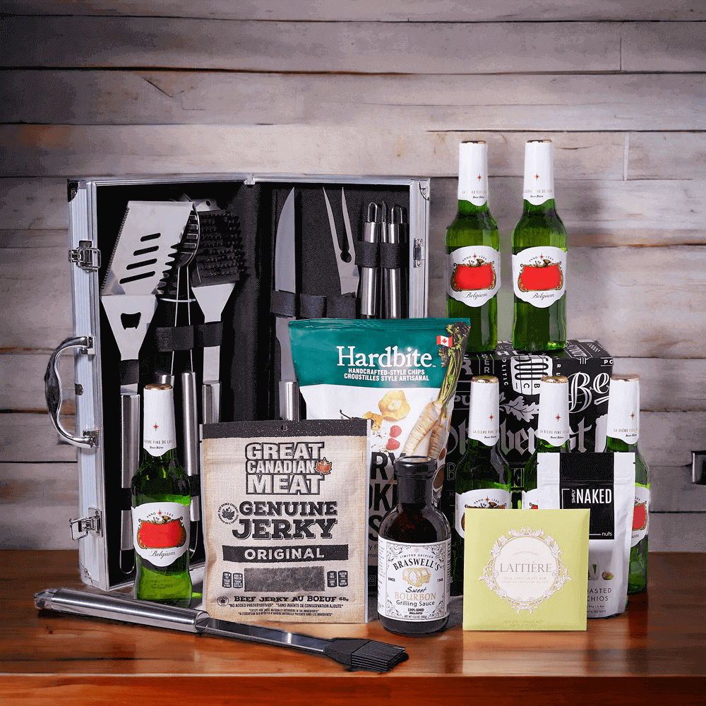 Included in this gift are chipotle raspberry parsnip chips, a bar of chocolate, dry roasted pistachios, classic beef jerky, sweet bourbon grilling sauce, a complete grilling tool set, and six beers packed into a beverage box.