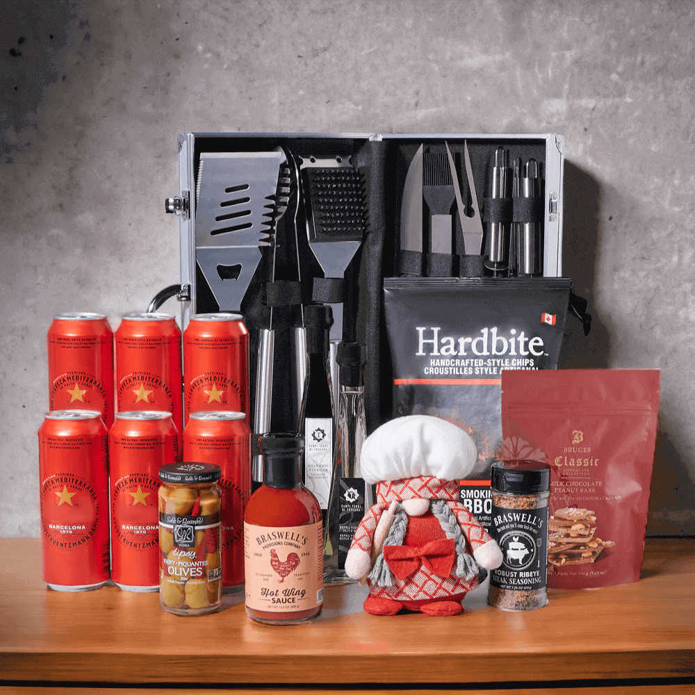 Included in this gift set are six beers, smokin' BBQ chips, tipsy fiery olives, hot wing sauce, robust ribeye steak seasoning, milk chocolate peanut bark, extra virgin olive oil, balsamic vinegar, a plush chef figure, and a grilling tool set.