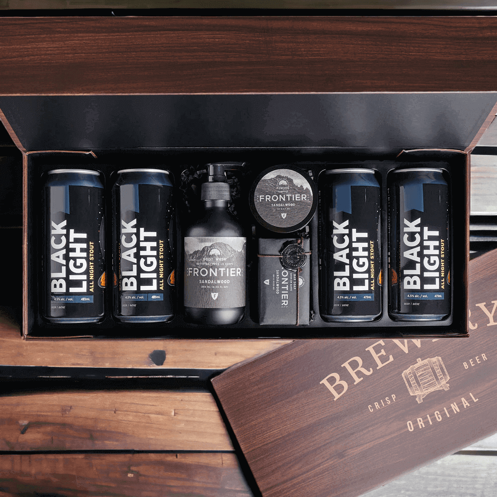 There are four craft beers, sandalwood body wash, sandalwood bar soap, sandalwood hair pomade, and a box for display and storage.