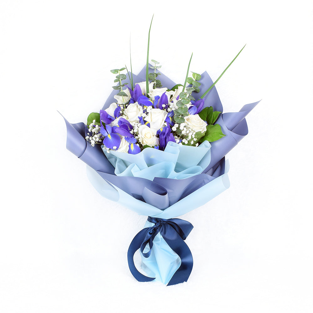 Muted Grace Mixed Floral Bouquet - White Roses and Iris