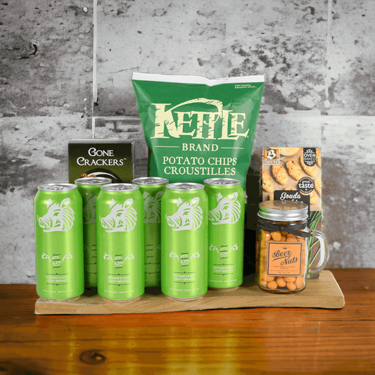 With snacks like chips, crackers and beer nuts along with several cans of craft beer, it’s like St. Patrick’s Day in a basket.