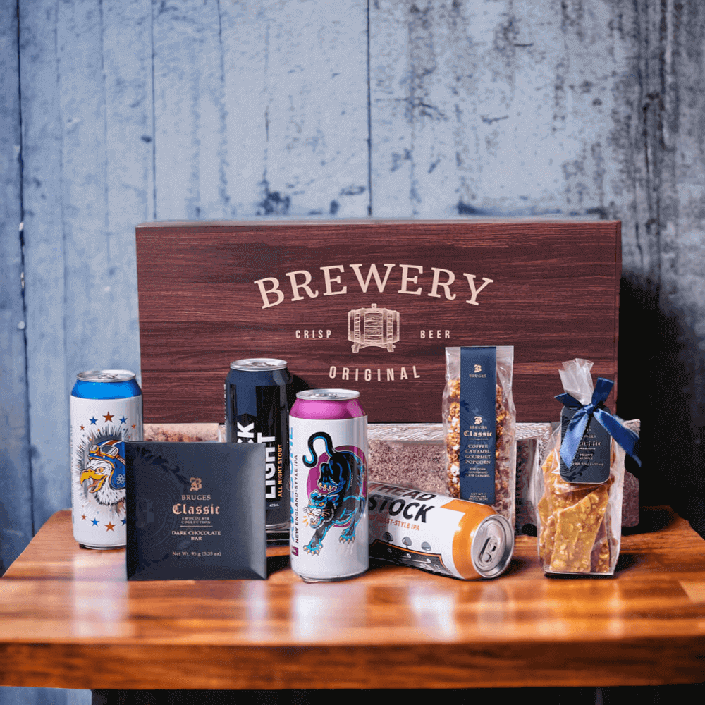 Superb Beer & Delicious Treats Gift from the Hops Collective includes four locally-sourced craft beers, a bar of dark chocolate, crunchy peanut brittle, coffee caramel gourmet popcorn, and a beverage gift box for storage and presentation.