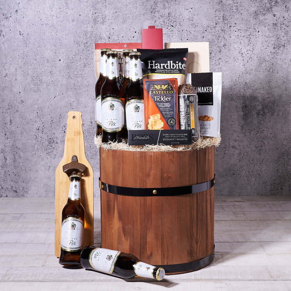 These include aged cheddar cheese, a mini pepper salami, sea salt cashews, all natural chips, rich chocolate truffles, chocolate covered coffee beans, sweet heat beef jerky, a wooden bottle opening and a wooden gift barrel.
