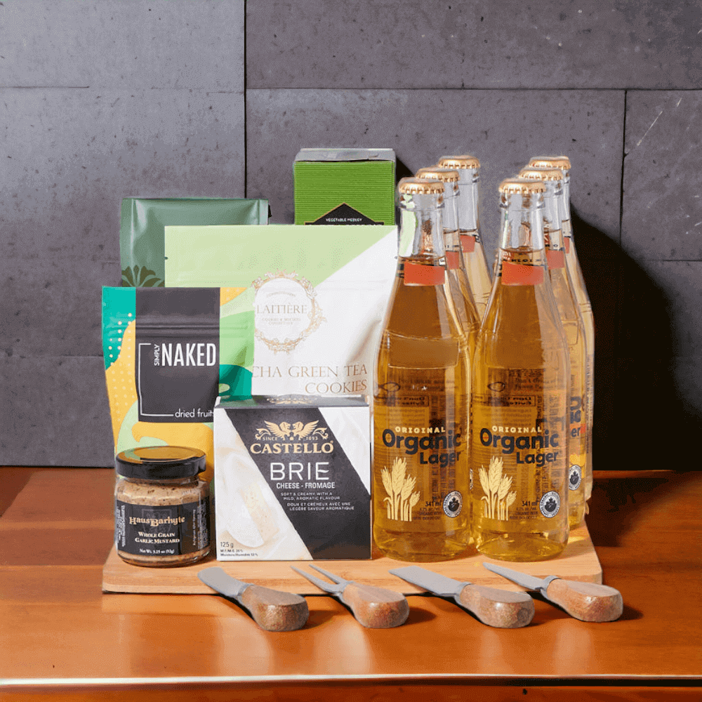  Gourmet Beer Gift Board which includes six beers, matcha green tea cookies, crackers, coffee beans, dried mango, whole grain garlic mustard, and creamy brie cheese. 