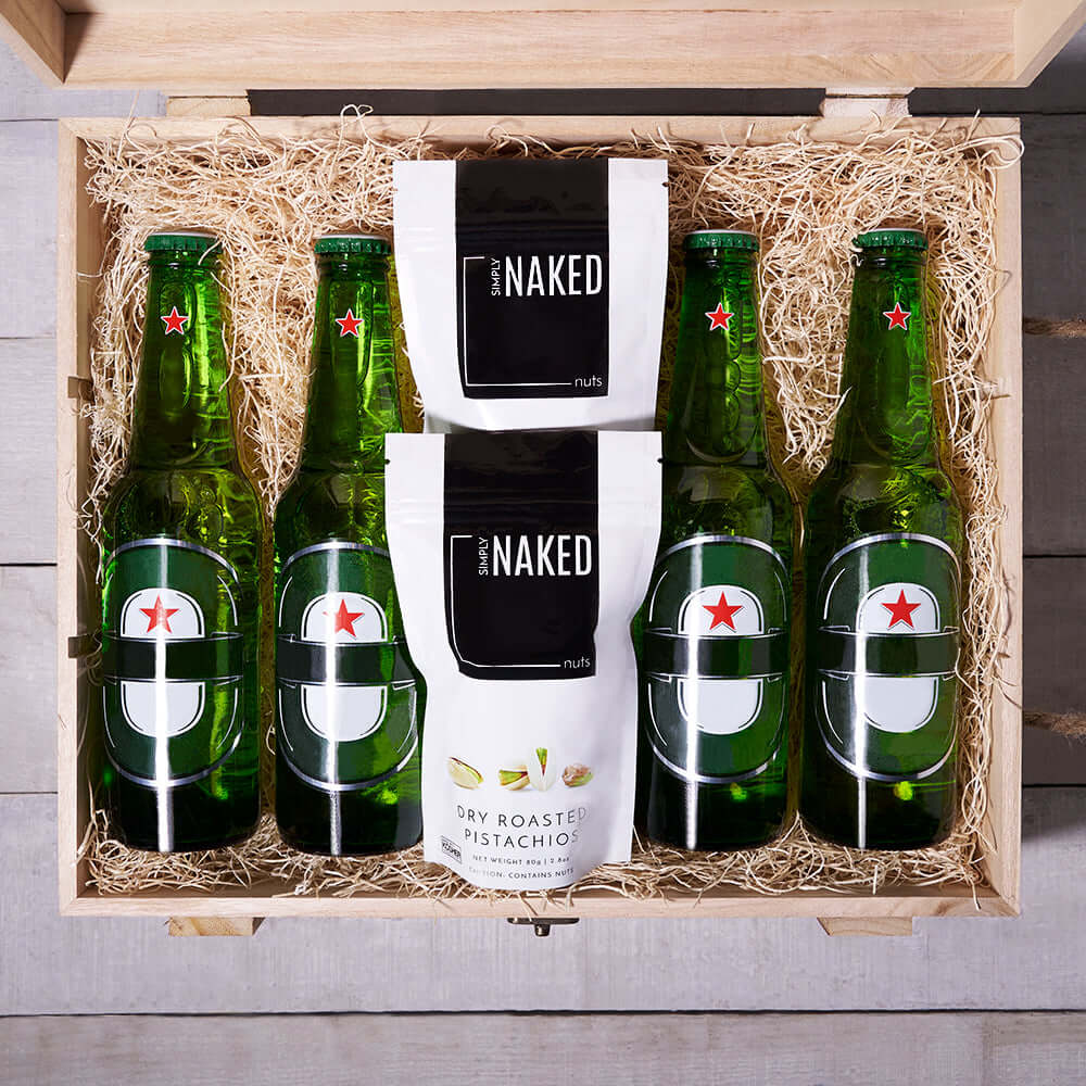 The Heineken & Nuts Box features your choice of 4 beers paired perfectly with fresh salted almonds and pistachios, making for a welcome companion at any occasion.