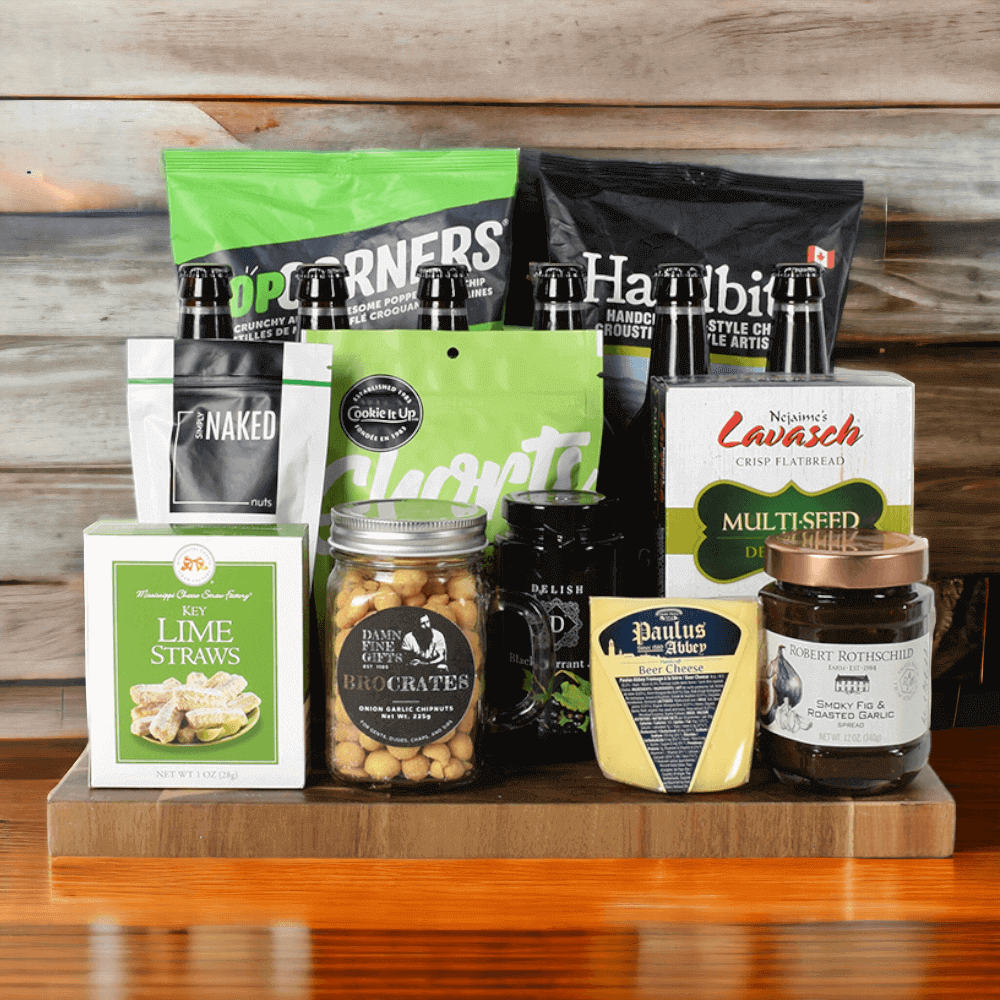 "Lucky You!" Beer & Snacks Basket from the Hops Collective is filled with tasty snacks and, of course, refreshing beer.