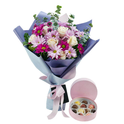 Mixed lavender floral gift set with chocolates. Canada Delivery.