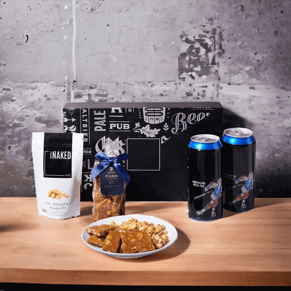 This simple, delicious gift includes 2 tasty craft beers, a beautiful box that can hold up to four beers, and salty dry roasted peanuts as well as peanut brittle - an impeccable combination. 