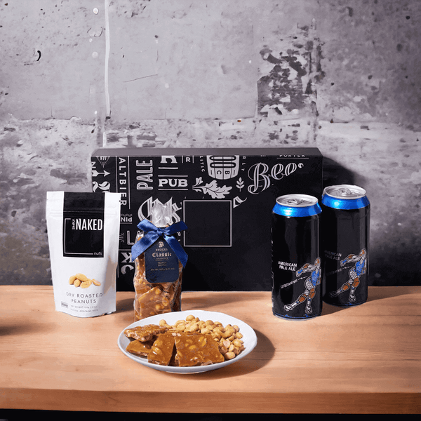 This simple, delicious gift includes 2 tasty craft beers, a beautiful box that can hold up to four beers, and salty dry roasted peanuts as well as peanut brittle - an impeccable combination. 
