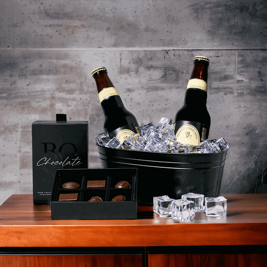 The Chocolates & Beer Gift Basket. Combining two of his favorite things, your beer-loving, chocolate-adoring Dad or friend will love the 4 beers and giant chocolate beer mug included in this basket. 