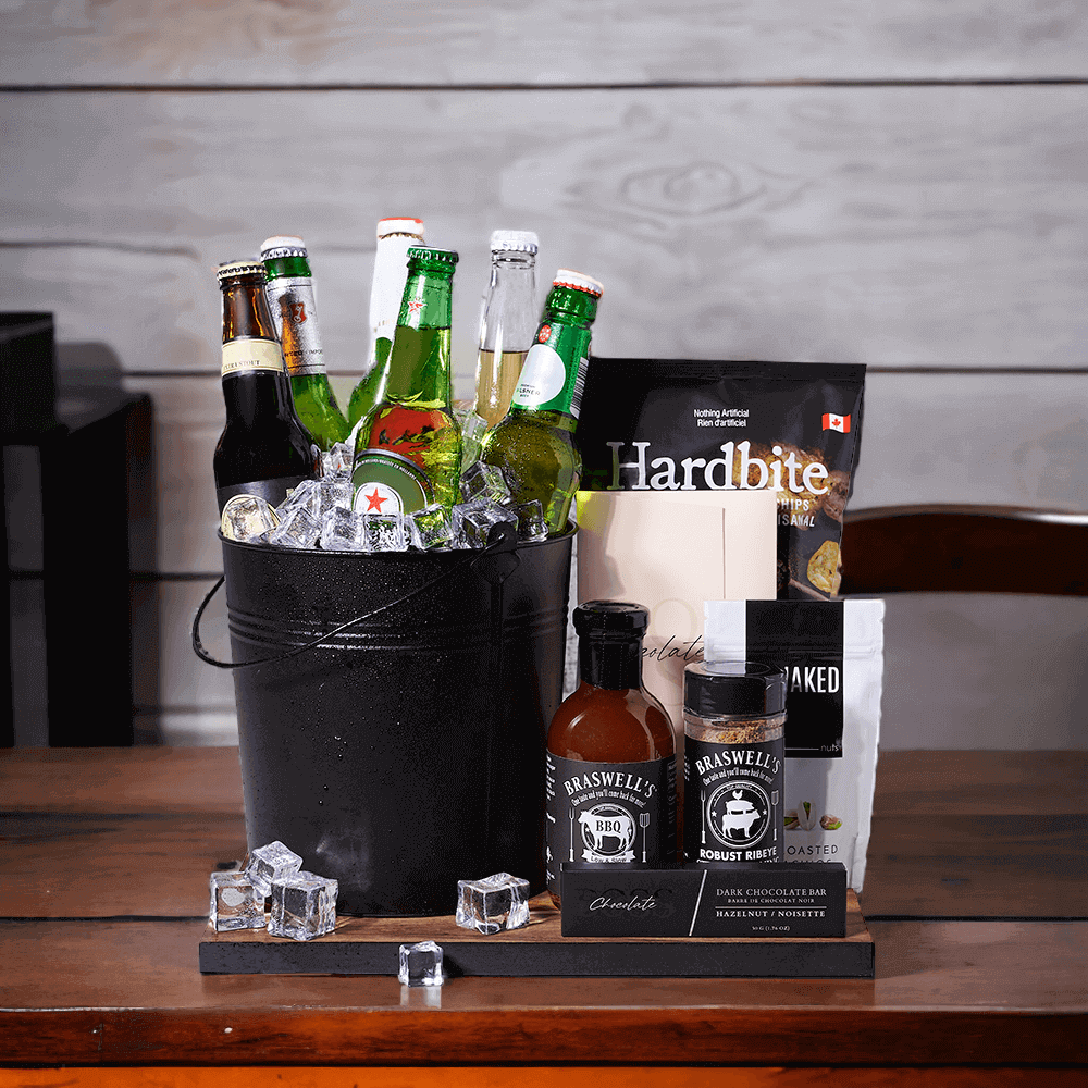 This gift set contains a variety of crisp cold ones with snacks and condiments to share with a friend and enjoy the good times. 