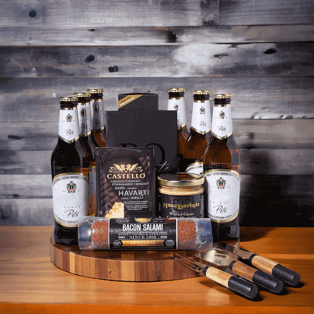 Great as a host gift, for a birthday, or just because, the Scrumptious Appetizer &  Beer Gift Set is a wonderful way to show you care. 