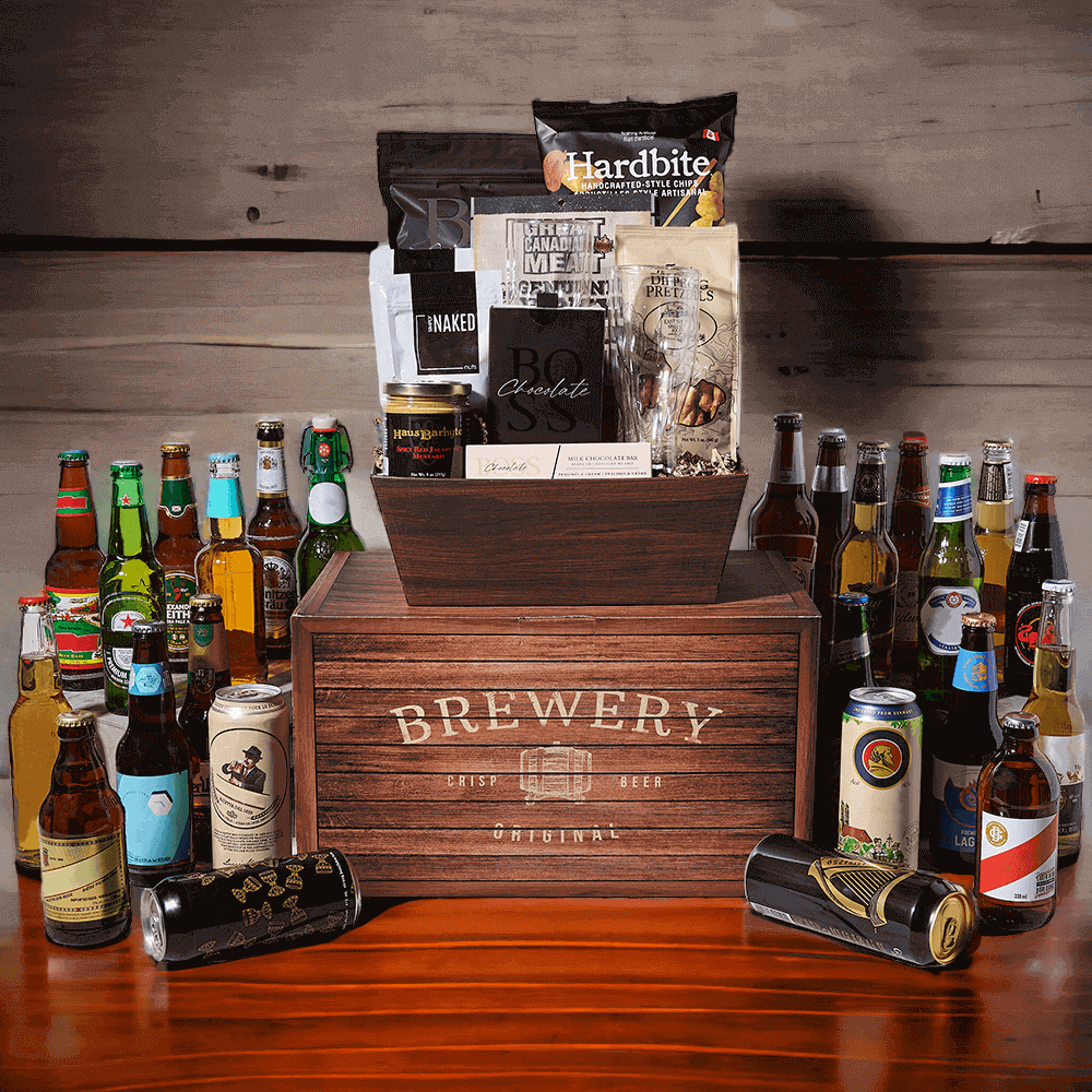 Including twenty-four beers, a gift box, a garlic & paprika chips, caramel & dark chocolate pretzel popcorn, sea salt pistachios, sea salt peanuts, honey wheat pretzels, spicy red jalapeno mustard, dark chocolate truffles, original beef jerky, a milk chocolate pralines & cream bar, two beer glasses, and a gift tray for presentation and display, it's sure to be a hit.